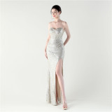 Women Evening Sequined Fishbone Vest Beaded Suspender Slit Evening Dress