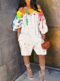 Plus Size Summer Women Graffiti Off Shoulder Cargo Shorts