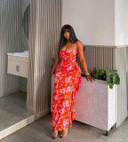 Women sexy suspender backless print dress