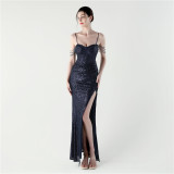 Women Evening Sequined Fishbone Vest Beaded Suspender Slit Evening Dress