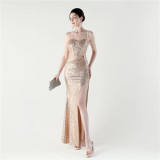Women Evening Sequined Fishbone Vest Beaded Suspender Slit Evening Dress