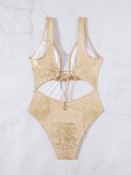 Women Sexy V Neck Backless Lace-up One-piece Swimwear