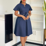 Women’s Summer Lace-Up Short Sleeve Plus Size Solid Color Chic Dress