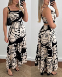 Rose-Pattern Hollow Strap Sexy Maxi Dress