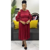 Beaded Cutout-Shoulder Pleated African Chic Loose Dress