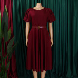Women's Round Neck Chic Elegant Slim Waist Puff Sleeve A-Line African Dress