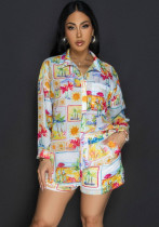 Print Long-Sleeve Shirt & Shorts Two-Piece Set Print Long-Sleeve Shirt & Shorts Two-Piece Set