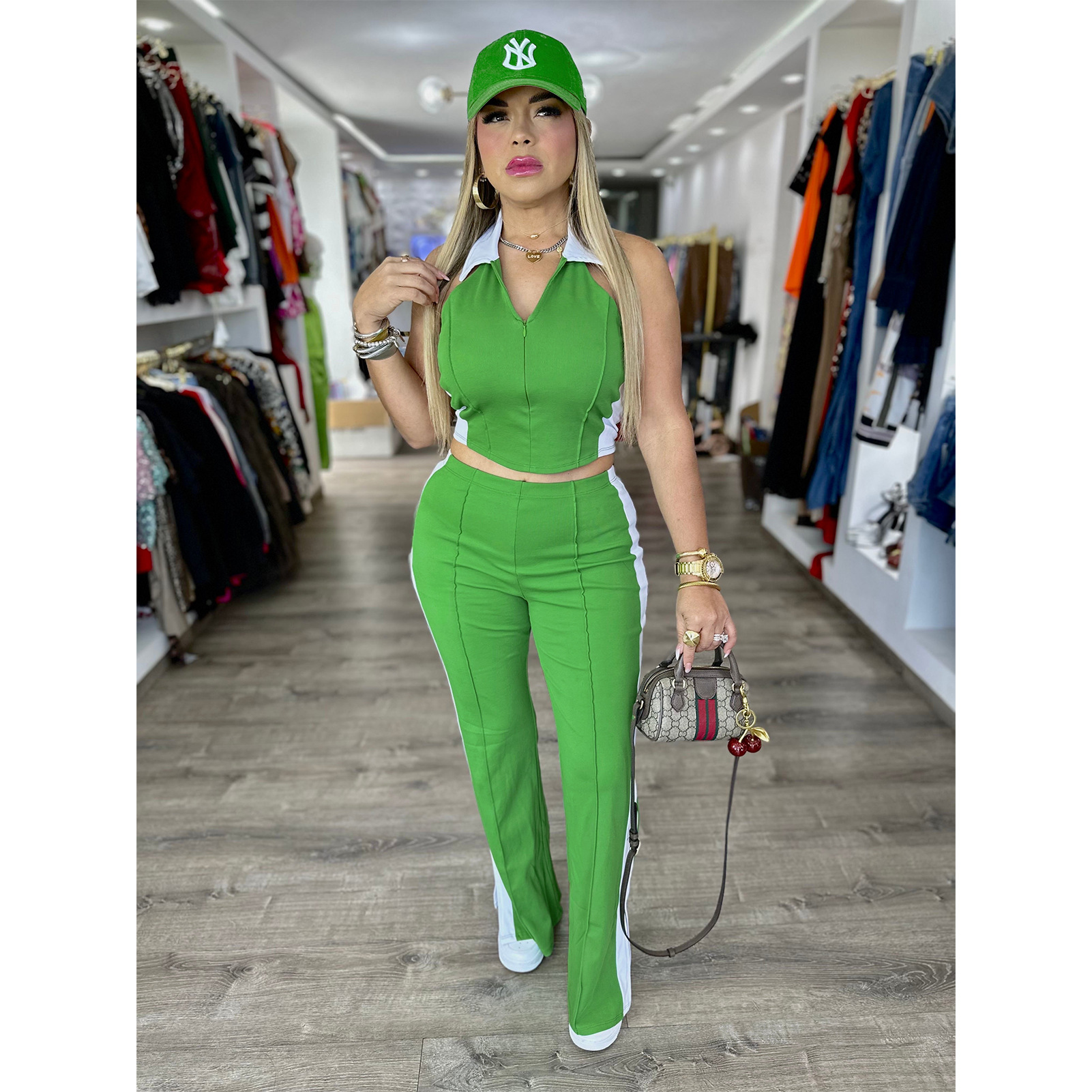 Patchwork Contrast Color V-Neck Zipper Slit Two-Piece Pants Set