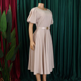 Women's Round Neck Chic Elegant Slim Waist Puff Sleeve A-Line African Dress