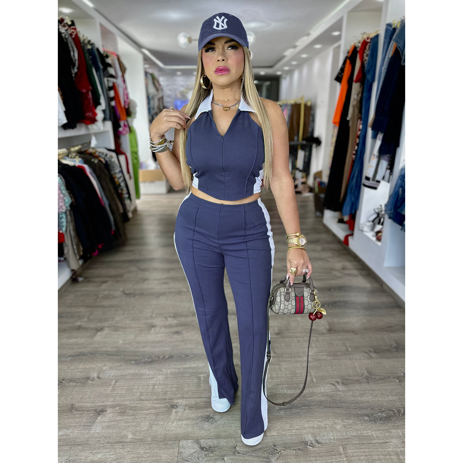 Patchwork Contrast Color V-Neck Zipper Slit Two-Piece Pants Set