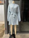 Summer Floral Belt Long Sleeve Casual Mini Dress
