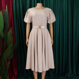 Women's Round Neck Chic Elegant Slim Waist Puff Sleeve A-Line African Dress