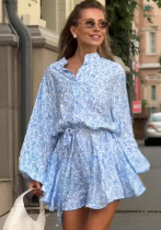 Summer Floral Belt Long Sleeve Casual Mini Dress Summer Floral Belt Long Sleeve Casual Mini Dress