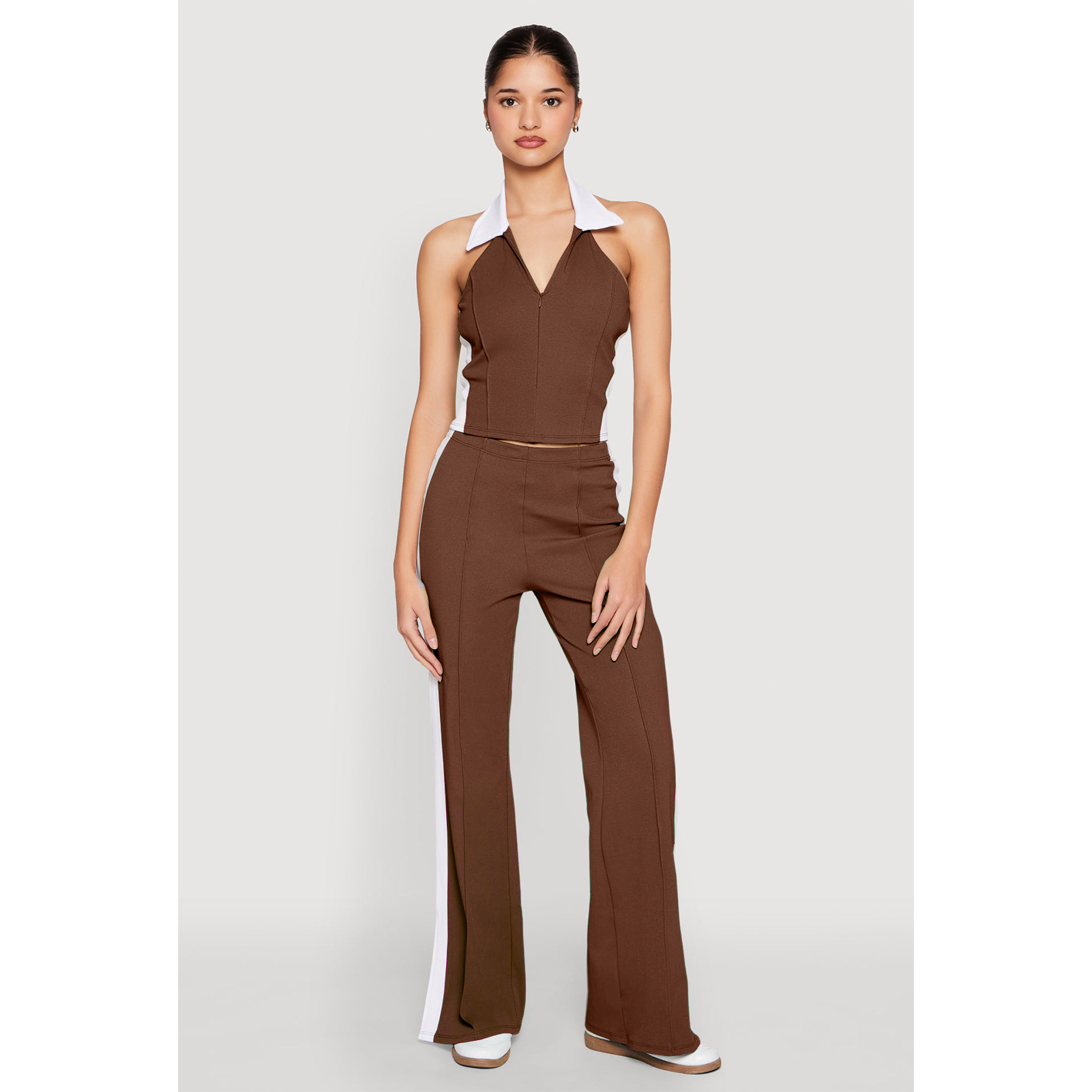 Patchwork Contrast Color V-Neck Zipper Slit Two-Piece Pants Set