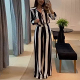 Black & White Striped Button Pocket Shirt Wide-Leg Pants Set