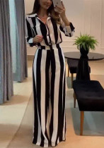 Black & White Striped Button Pocket Shirt Wide-Leg Pants Set Black & White Striped Button Pocket Shirt Wide-Leg Pants Set