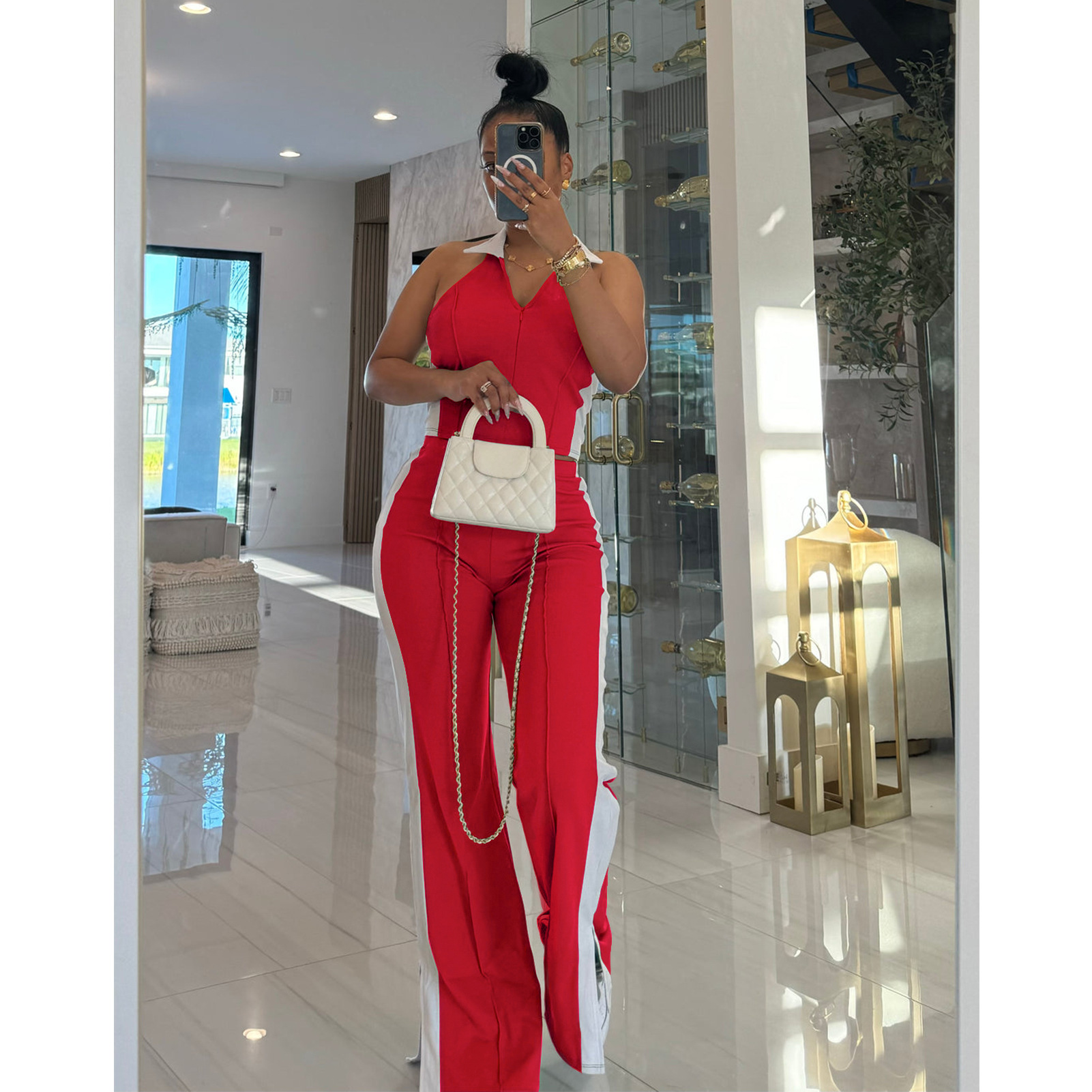 Patchwork Contrast Color V-Neck Zipper Slit Two-Piece Pants Set