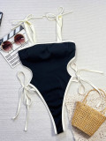 White & Black Contrast Strap Backless One-Piece Swimsuit