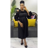 Beaded Cutout-Shoulder Pleated African Chic Loose Dress