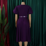 Women's Round Neck Chic Elegant Slim Waist Puff Sleeve A-Line African Dress