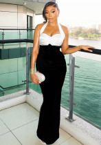 Patchwork Halter Neck Pleated Elegant Long Dress Patchwork Halter Neck Pleated Elegant Long Dress