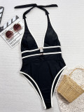 Black & White Contrast Hollow Design Halter One-Piece Swimsuit