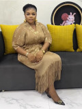 African Plus-Size  Shiny Top Tassel Skirt Two-Piece Set