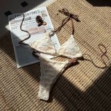 Drawstring & Lace-Up Low-Back Mesh Patchwork Bikini Set