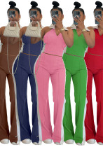 Patchwork Contrast Color V-Neck Zipper Slit Two-Piece Pants Set Patchwork Contrast Color V-Neck Zipper Slit Two-Piece Pants Set