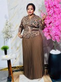 African Fashion Leopard Print Pleated Two-Piece Skirt Suit