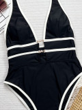 Black & White Contrast Hollow Design Halter One-Piece Swimsuit