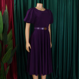 Women's Round Neck Chic Elegant Slim Waist Puff Sleeve A-Line African Dress