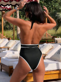 Black & White Contrast Hollow Design Halter One-Piece Swimsuit