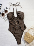 Sexy Cutout Design Brown Hollow-Out Lace-Up One-Piece Swimsuit