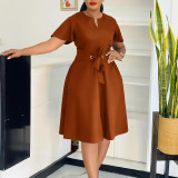 Women’s Summer Lace-Up Short Sleeve Plus Size Solid Color Chic Dress