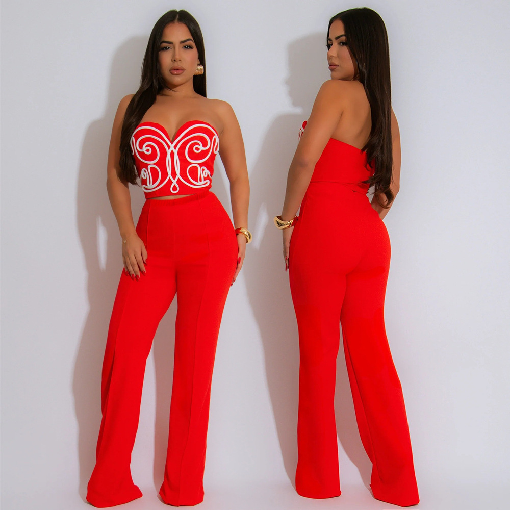Women Strapless Crop Top and Solid Long Pants Two-Piece Set
