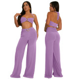 Women Summer Decorative Button Solid Sexy Halter Neck Top and Long Skirt Two-Piece Set