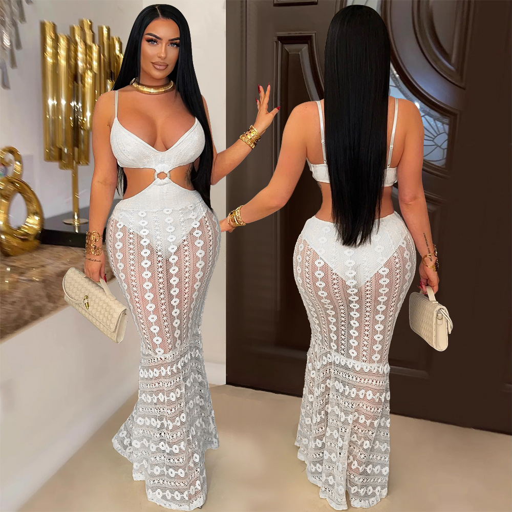 Women Sexy Suspender V-Neck Lace See-Through Bodycon Dress