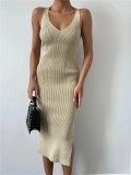 Women Summer Color Sleeveless Round Neck Ribbed Bodycon Dress