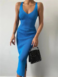 Women Summer Color Sleeveless Round Neck Ribbed Bodycon Dress