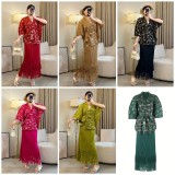 African Plus-Size  Shiny Top Tassel Skirt Two-Piece Set