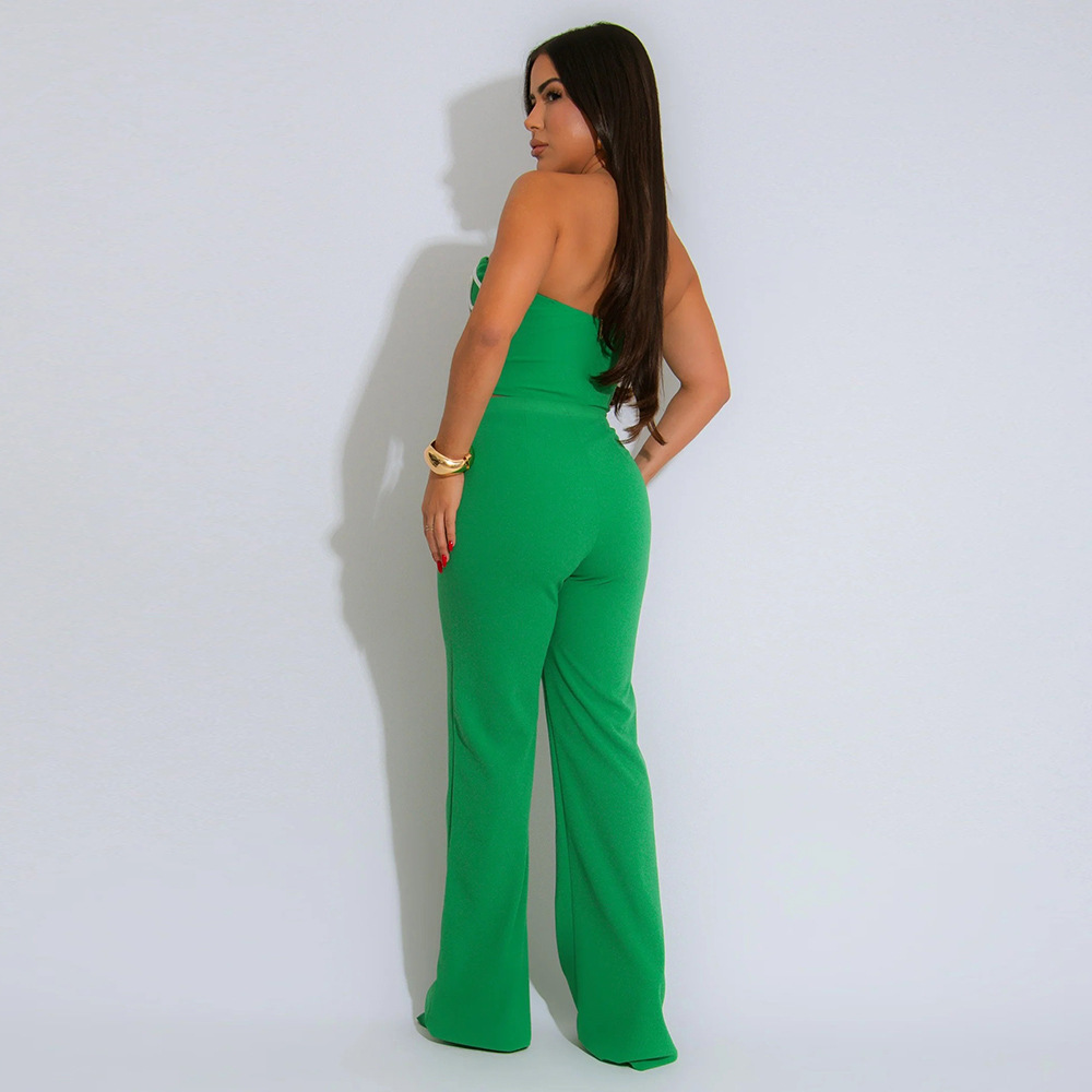 Women Strapless Crop Top and Solid Long Pants Two-Piece Set