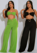 Women Summer Decorative Button Solid Sexy Halter Neck Top and Long Skirt Two-Piece Set Women Summer Decorative Button Solid Sexy Halter Neck Top and Long Skirt Two-Piece Set