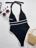 Black & White Contrast Hollow Design Halter One-Piece Swimsuit