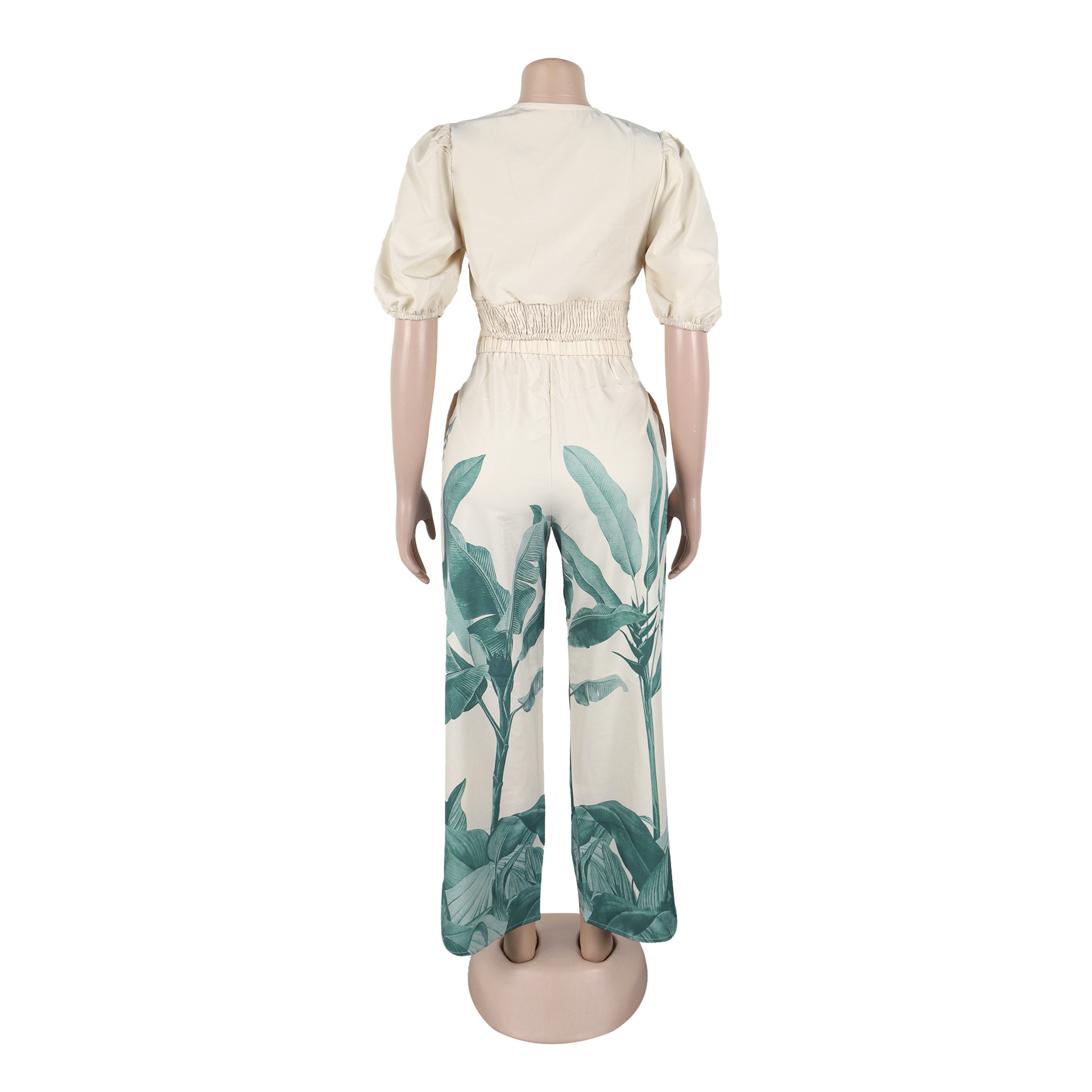 V-Neck Lantern Sleeve Top Printed Wide-Leg Pants Suit