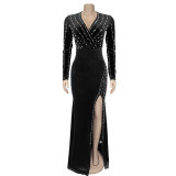 Women Sexy V Neck Beaded Slit Dress