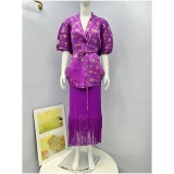 African Plus-Size  Shiny Top Tassel Skirt Two-Piece Set