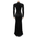 Women Sexy V Neck Beaded Slit Dress