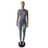 Women Leopard Print Sleeveless Halter Neck Backless Lace-Up Glove Jumpsuit