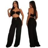 Women Summer Decorative Button Solid Sexy Halter Neck Top and Long Skirt Two-Piece Set